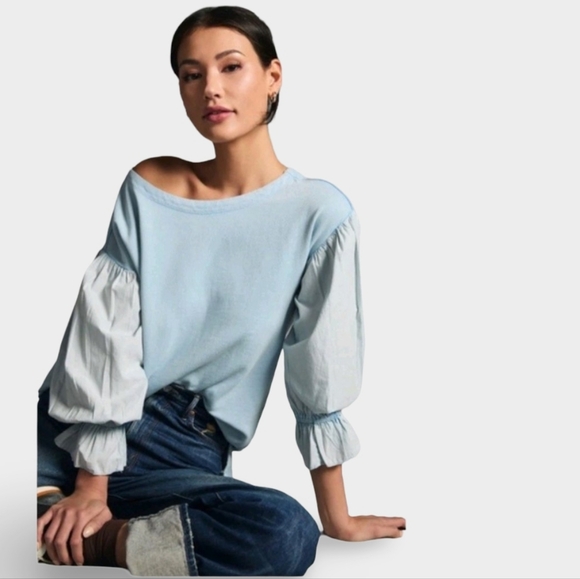Anthropologie Tops - Anthropologie Pilcro Mixed Media Oversized Pullover Top Blue Balloon Sleeve Sz S